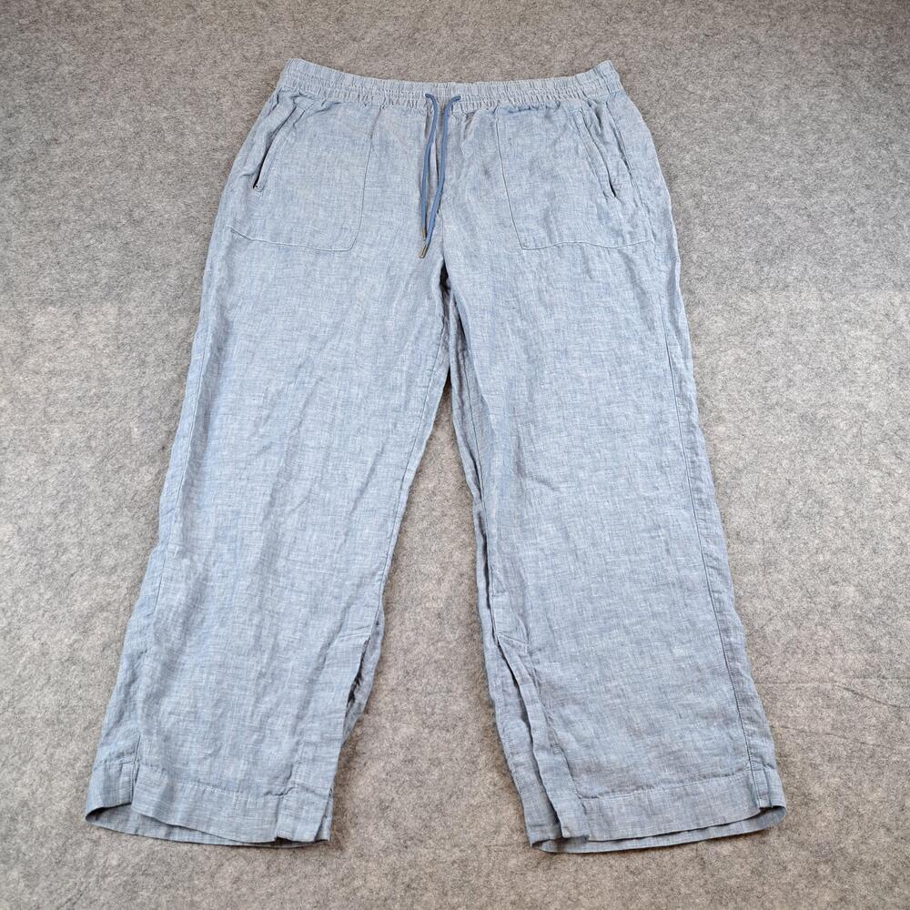 Athleta Pants Womens 18 Plus Blue Retreat 100% Linen Wide Pull On High Rise slit